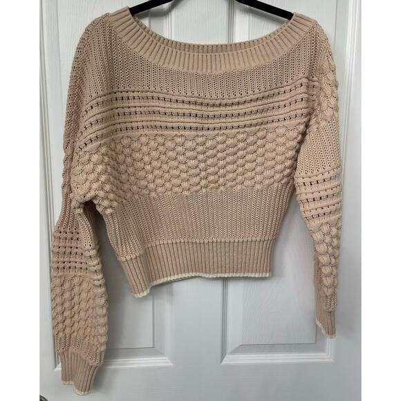 Tularosa Off Shoulder Pointelle Sweater in Nude XS taupe beige - Picture 4 of 7